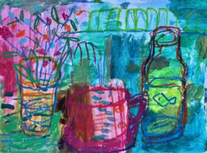 Calming modern paining Still Life Acrylics and oil pastels by Radka King 2024