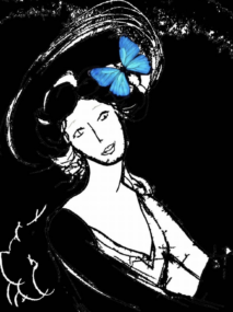 Black and white artwork of a&nbsp;woman with a&nbsp;blue butterfly
